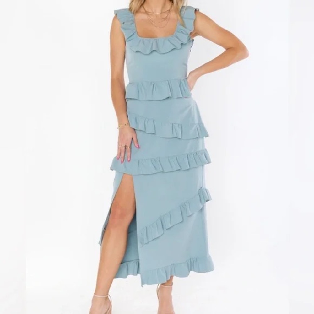 Show Me Your MuMu Sage Blue Ruffle Maxi Dress